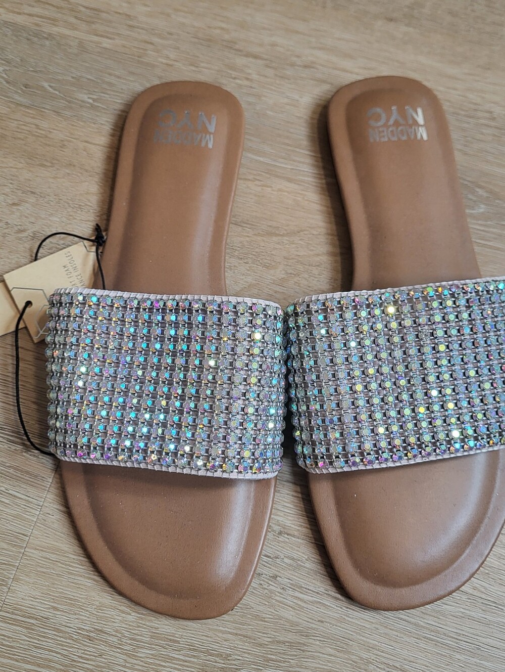 Madden NYC Slide Sandals with Iridescent Rhinestone Strap Pink 11 nwt